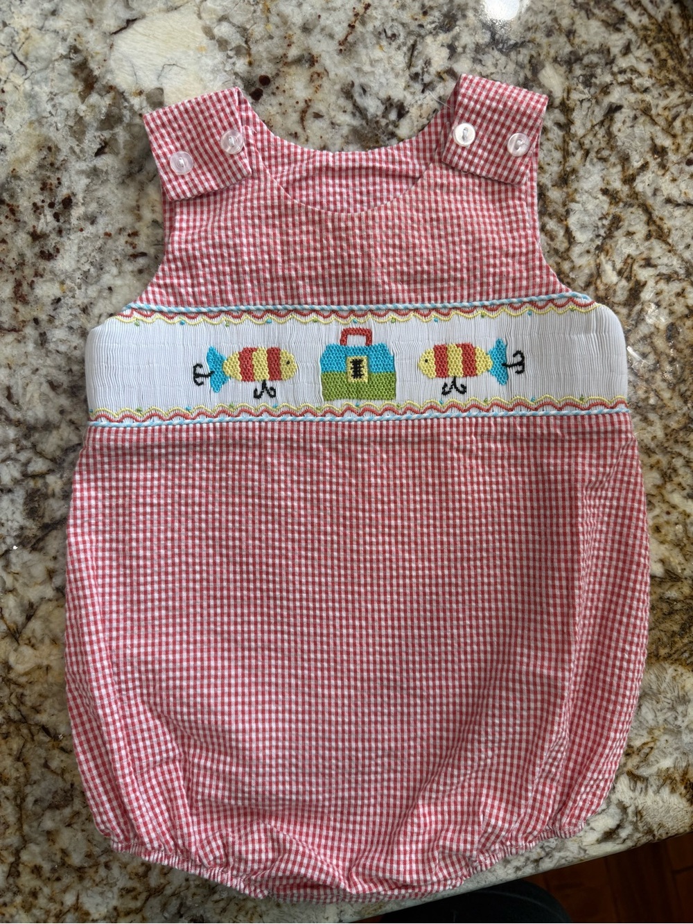 Red Gingham Smocked Bubble Romper with Fish Motif
